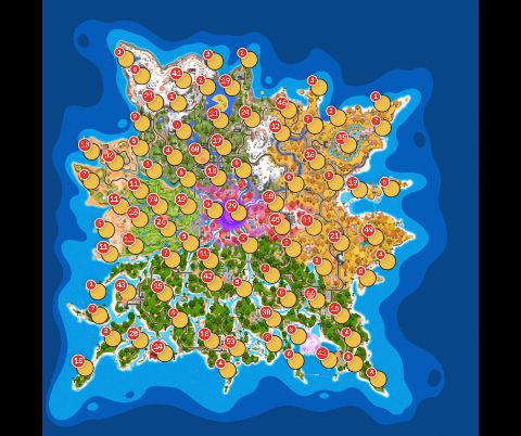 The spawn map showing chests and named locations across the island